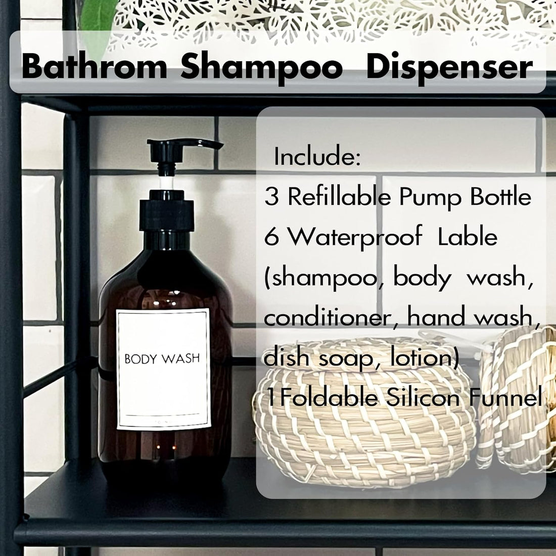 Shampoo and Conditioner Dispenser 16.9Oz/500Ml Refillable Shampoo Pump Bottles with Labels for Bathroom Empty Hand Wash Dispenser Set of 3