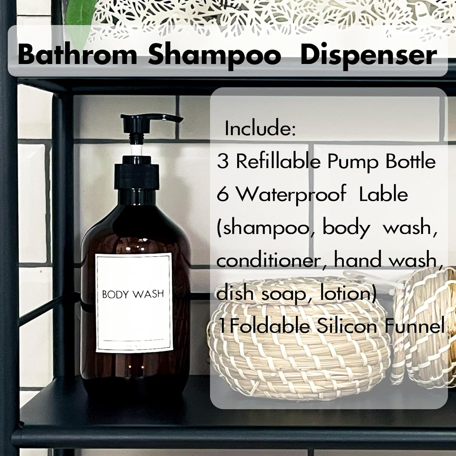 Shampoo and Conditioner Dispenser 16.9Oz/500Ml Refillable Shampoo Pump Bottles with Labels for Bathroom Empty Hand Wash Dispenser Set of 3