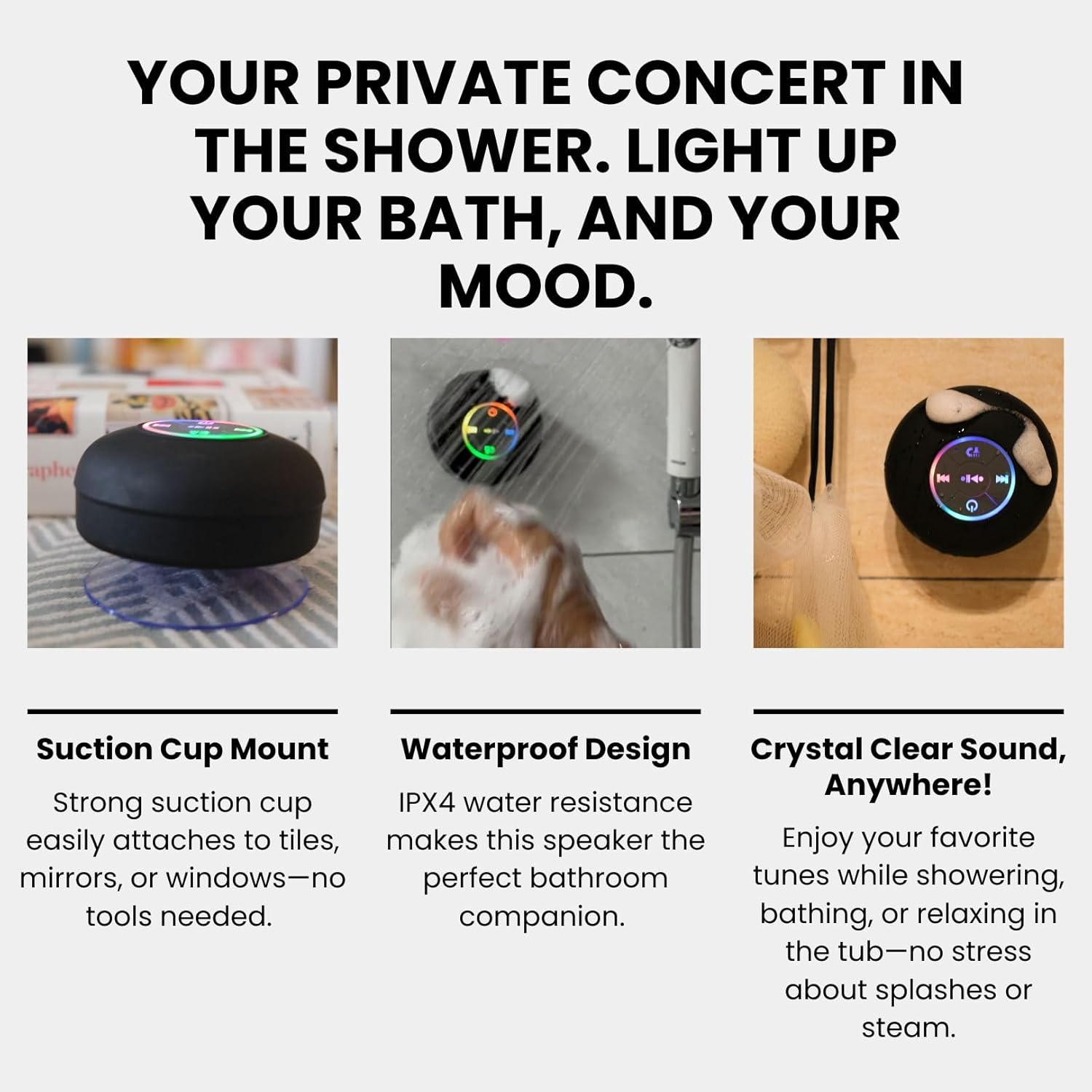 Waterproof Bluetooth Shower Speaker with LED, IPX4 Portable Wireless Hands-Free Mini Speaker, Built-In Mic, Suction Cup (Black)