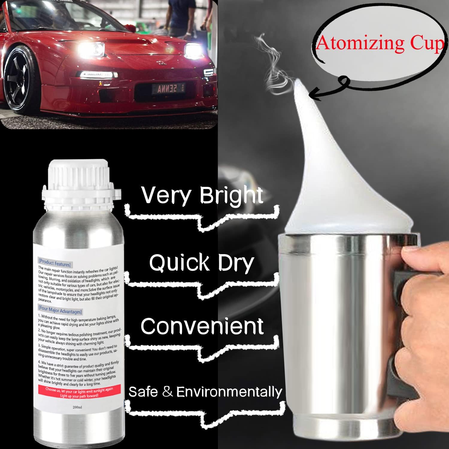 200Ml Car Headlight Restoration Liquid, Headlight Restoration Kit Refill Bottle, Auto Headlight Anti-Scratch Lens Repair Fluid, Headlight Polish Cleaner for Restoring Dull Yellow Headlamp