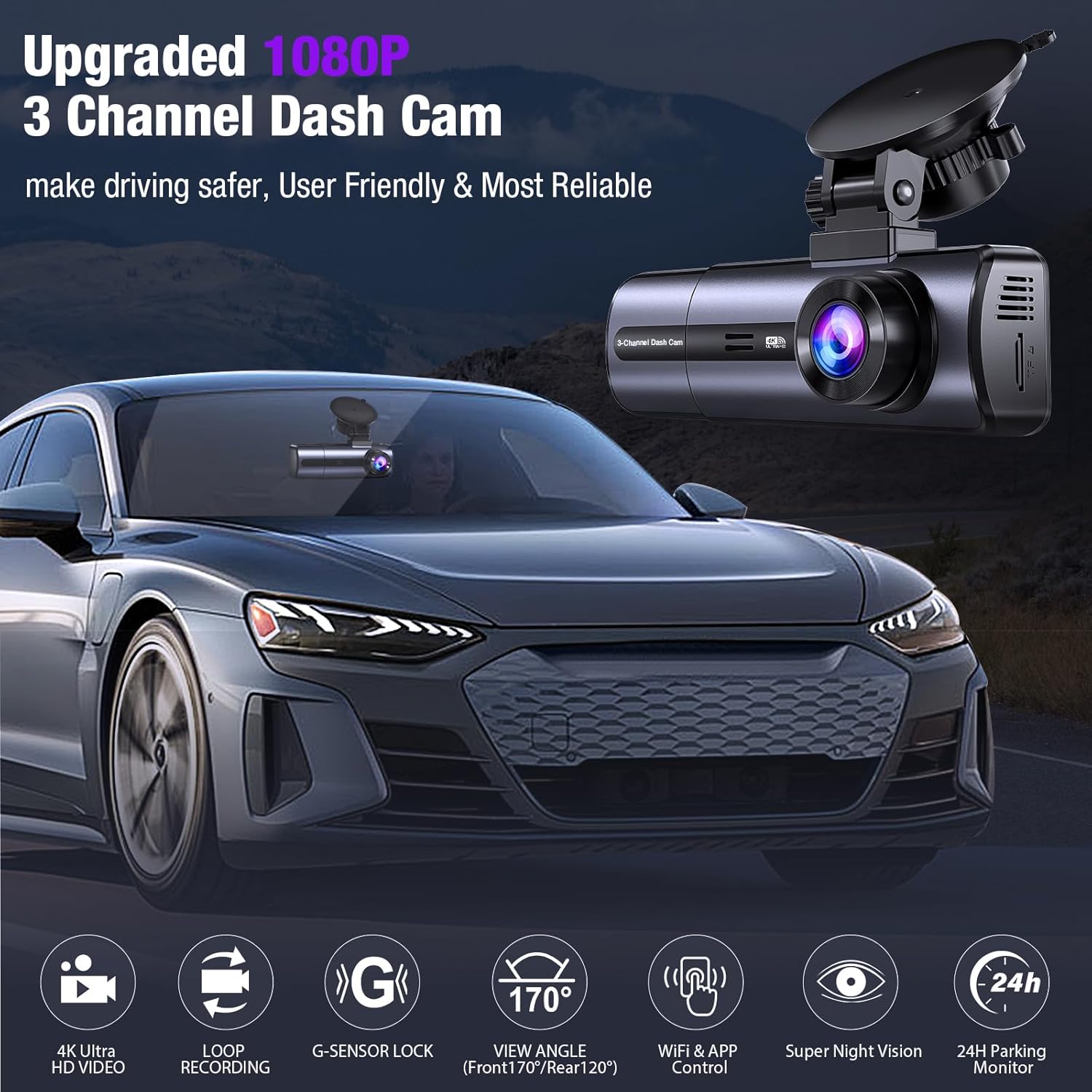 3 Channel 4K Dash Cam with 5Ghz Wifi & APP Control, 4K/2.5K+1080P+1080P Front inside and Rear, Triple Dash Camera with 64GB Card, G-Sensor, 24 Hours Parking Mode, Loop Recording, Night Vision