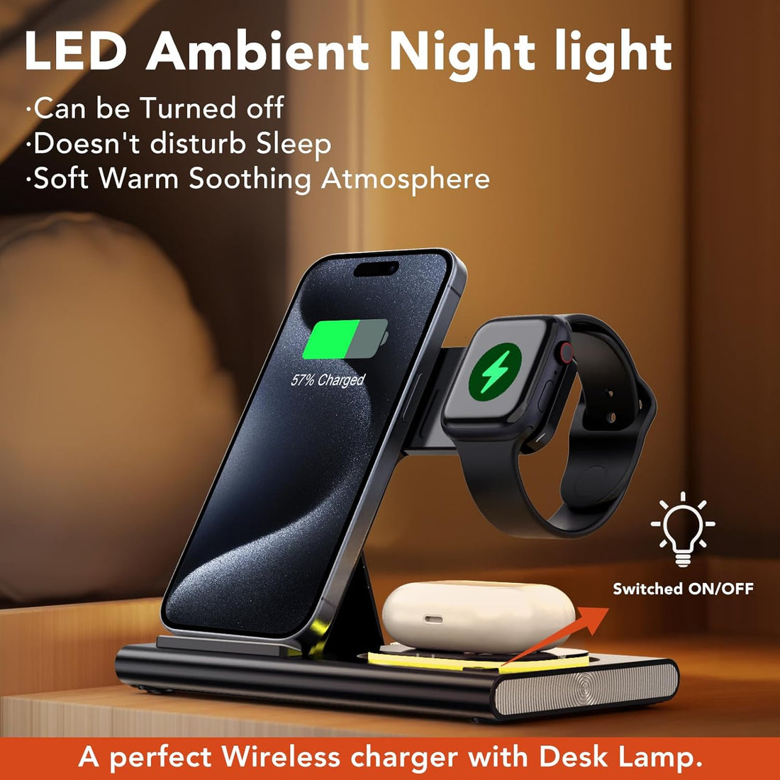 3 in 1 Foldable Charging Station for Apple Products,Fast Wireless Charger Travel Dock Adapter&Light for Iphone 16/15/14/13/12/11/X/Xs,For Iwatch 10/9/8/7/Ultra2/Ultra/Se,For Airpods 4/3/2/Pro/2(Black)