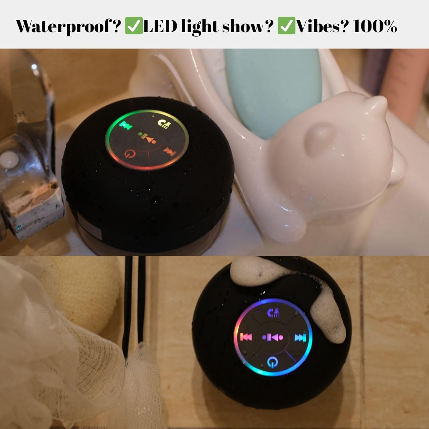 Waterproof Bluetooth Shower Speaker with LED, IPX4 Portable Wireless Hands-Free Mini Speaker, Built-In Mic, Suction Cup (Black)