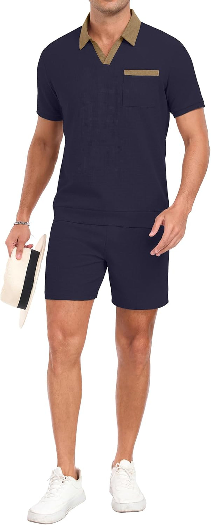 Men'S Summer Track Suits Waffle Knit Polo Shirt and Shorts Set Casual 2 Pieces Outfits with Pockets