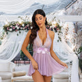 Lingerie for Women Lace Chemise Halter V Sexy Sleepwear with Garter Belt with Thong, Purple M
