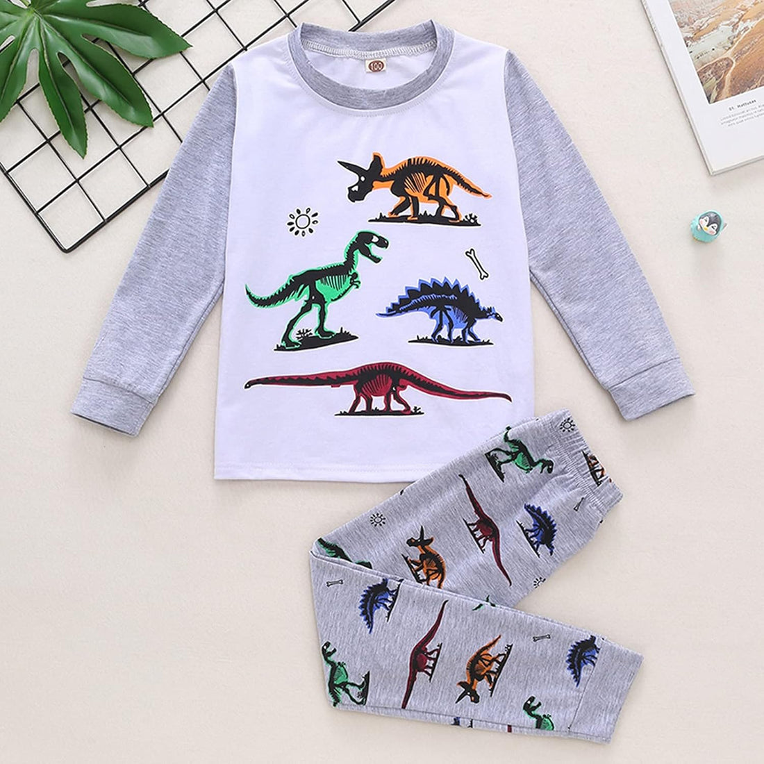 Kids Clothes Set,1-8Years Old Kids Boys Girls Long Sleeve Dinosaur Printed Top and Pants Set Outfit (White-02#, 5-6 Years)
