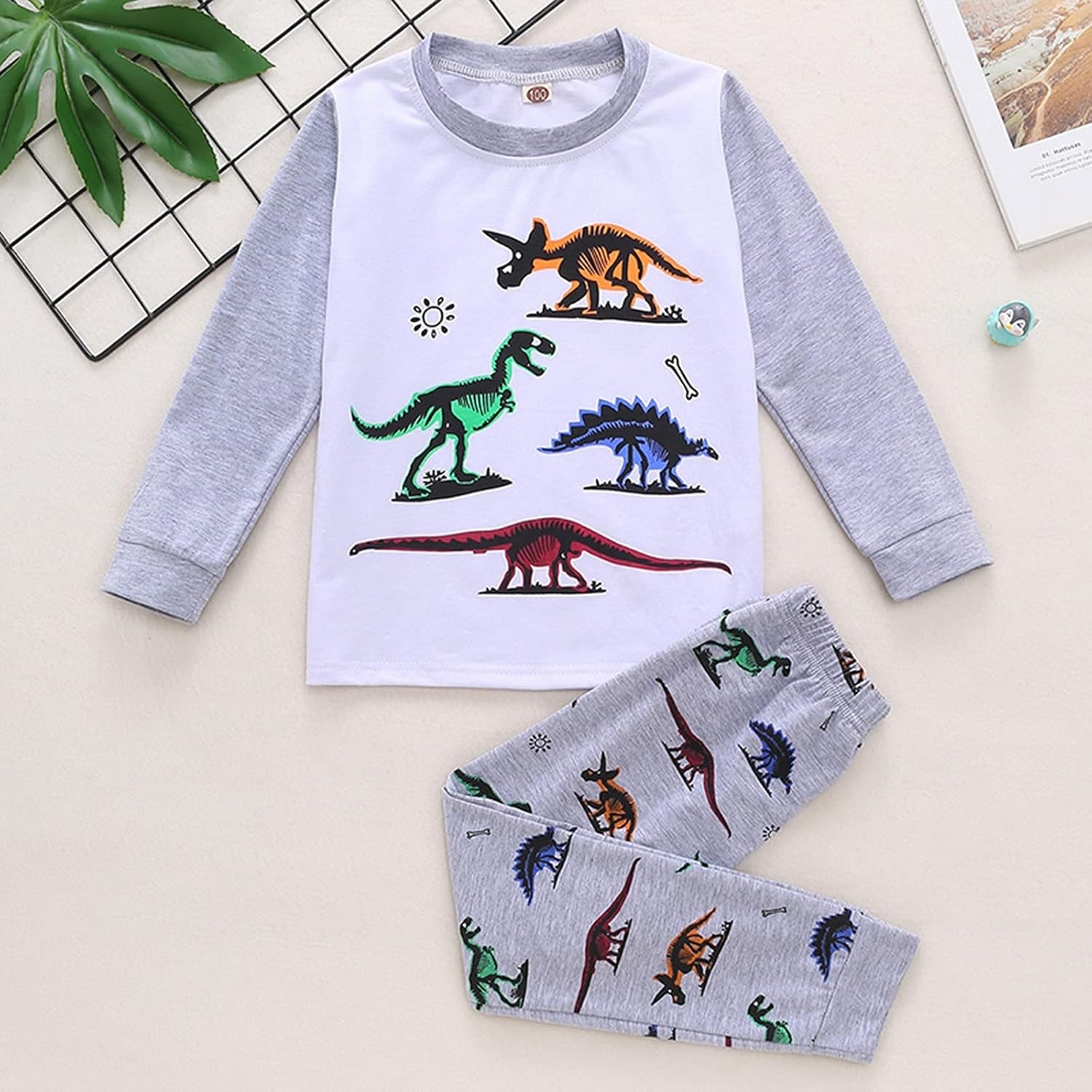 Kids Clothes Set,1-8Years Old Kids Boys Girls Long Sleeve Dinosaur Printed Top and Pants Set Outfit (White-02#, 5-6 Years)