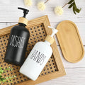 Hand and Dish Soap Dispenser for Kitchen - Glass Soap Dispenser Set with Wood Tray - Modern Boho Decor (Black & White)