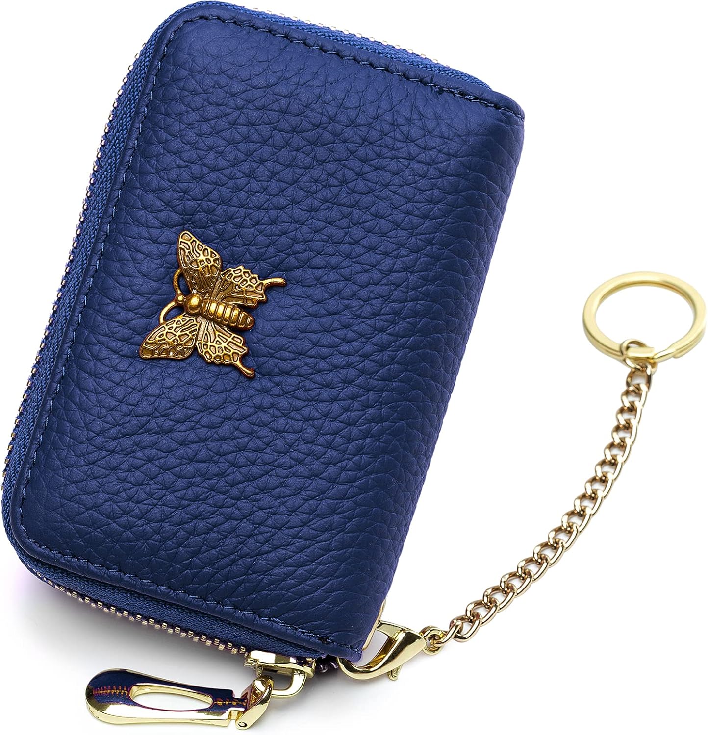 RFID Credit Card Holder for Women Genuine Leather Card Case Wallet with Zipper and Removable Keychain (Black)