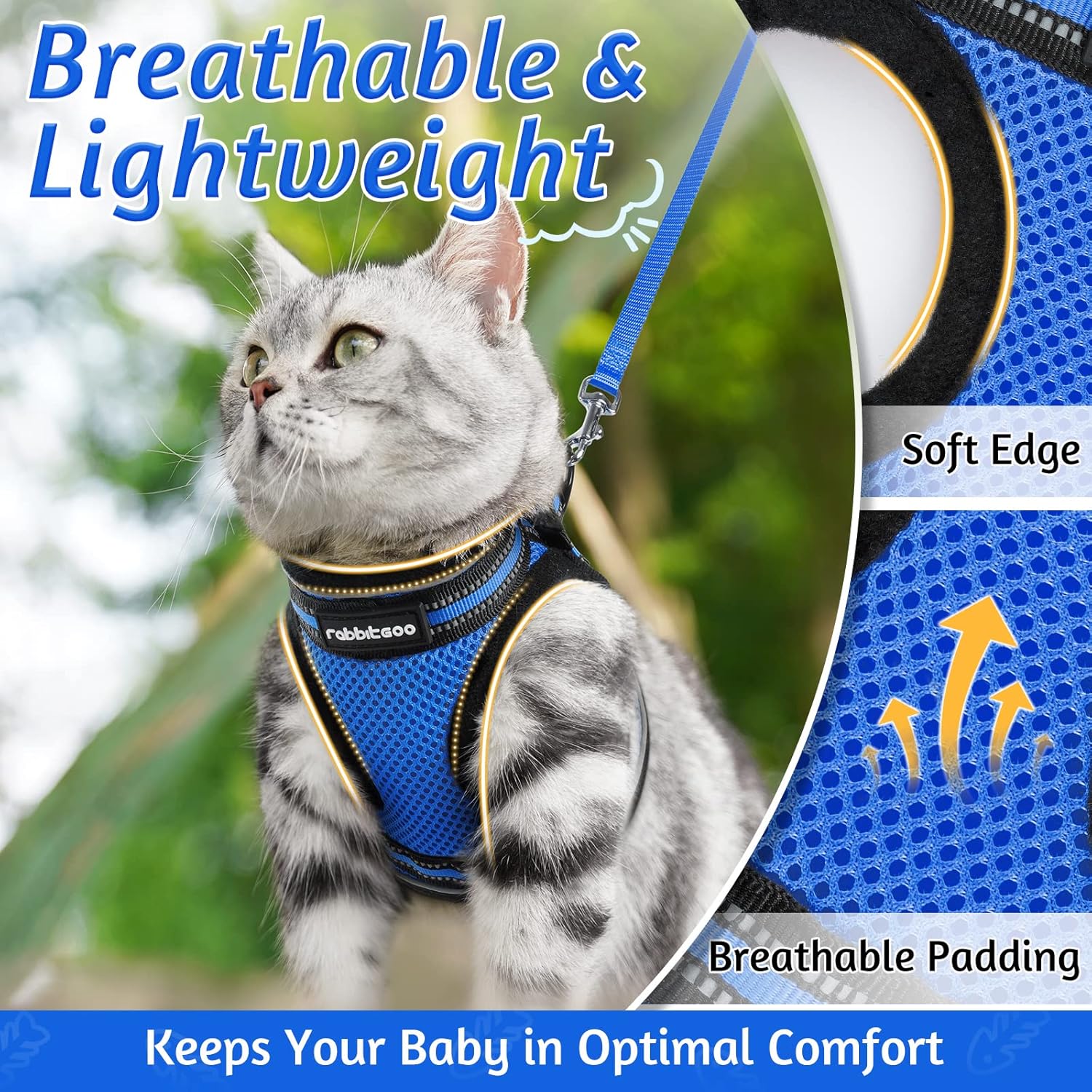 Cat Harness and Leash Set for Walking Escape Proof, Adjustable Soft Kittens Vest with Reflective Strip for Cats, Comfortable Outdoor Vest, Blue, S