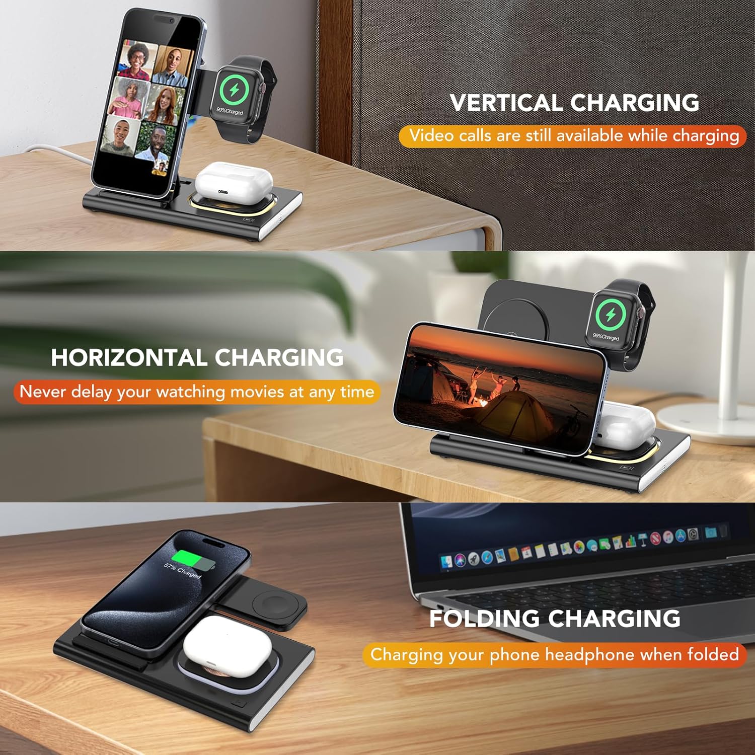 3 in 1 Foldable Charging Station for Apple Products,Fast Wireless Charger Travel Dock Adapter&Light for Iphone 16/15/14/13/12/11/X/Xs,For Iwatch 10/9/8/7/Ultra2/Ultra/Se,For Airpods 4/3/2/Pro/2(Black)
