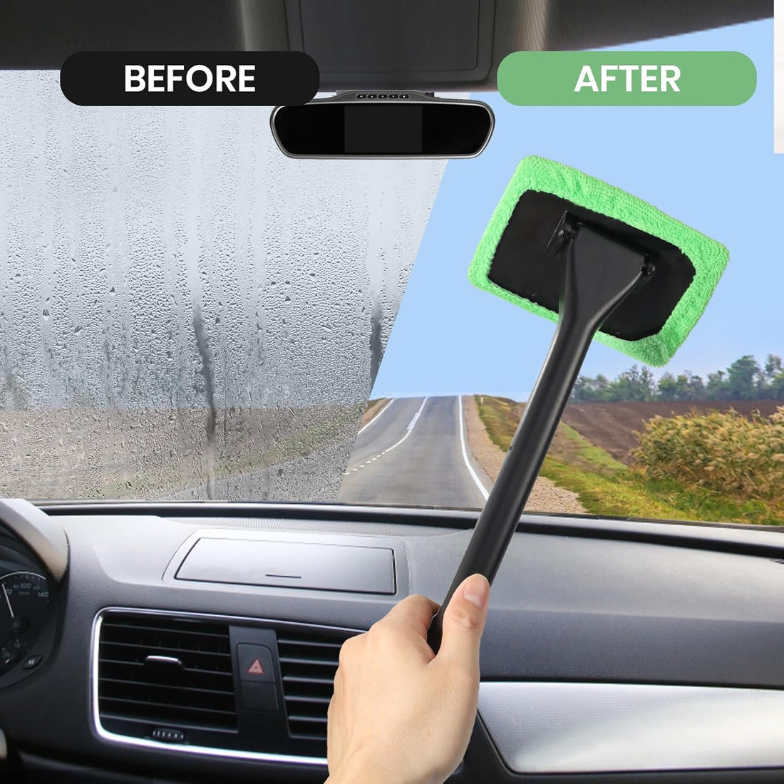 6PCS Windshield Cleaning Tool Car Window Cleaner with 5 Reusable and Washable Microfiber Pads and Extendable Handle Auto inside Glass Wiper Kit Green (Green)