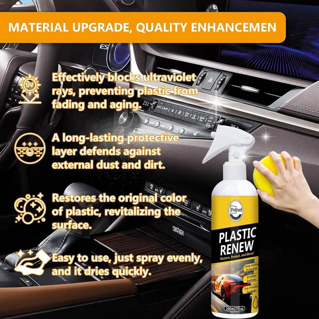 Plastic Restorer for Car, Non-Greasy Formula Special for Dashboard, Center Consoles, Door Panels Back to Black Renewal Coating Spray - 7Oz/200Ml