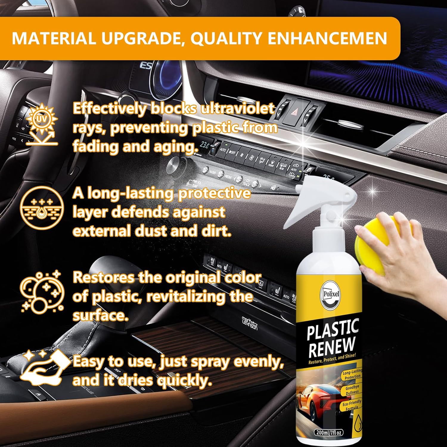 Plastic Restorer for Car, Non-Greasy Formula Special for Dashboard, Center Consoles, Door Panels Back to Black Renewal Coating Spray - 7Oz/200Ml