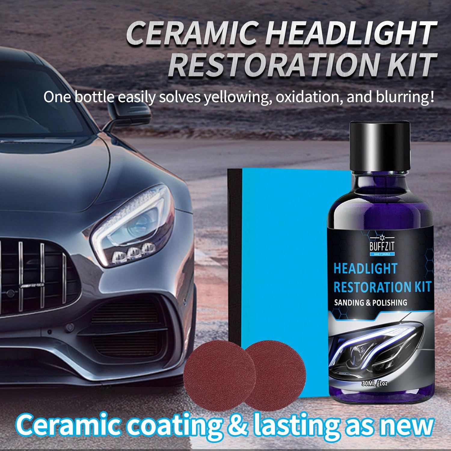 Car Headlight Restoration Kit - Professional Oxidation Sand Remover to Get Rid of Yellowing, Cloudiness, Scratches & Stains & UV Protection Clarity Coating Fluid – 1Oz/30Ml