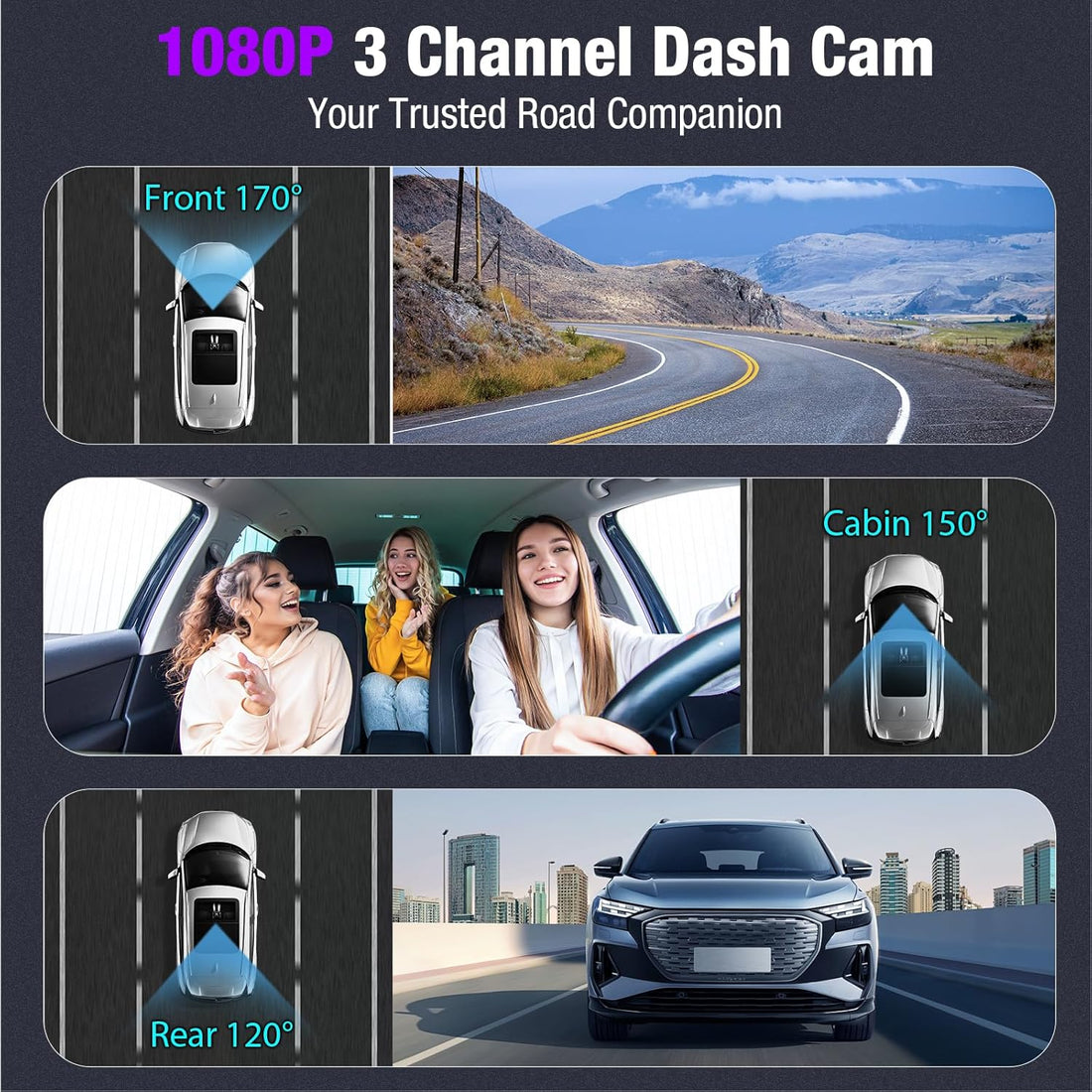 3 Channel 4K Dash Cam with 5Ghz Wifi & APP Control, 4K/2.5K+1080P+1080P Front inside and Rear, Triple Dash Camera with 64GB Card, G-Sensor, 24 Hours Parking Mode, Loop Recording, Night Vision
