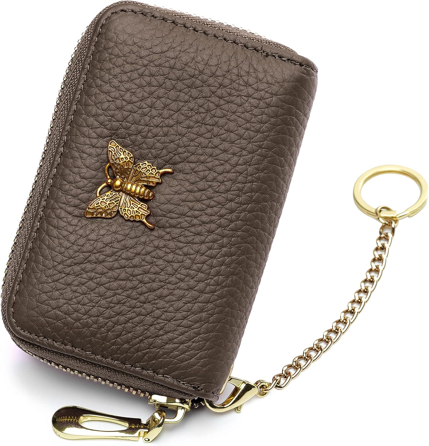 RFID Credit Card Holder for Women Genuine Leather Card Case Wallet with Zipper and Removable Keychain (Black)