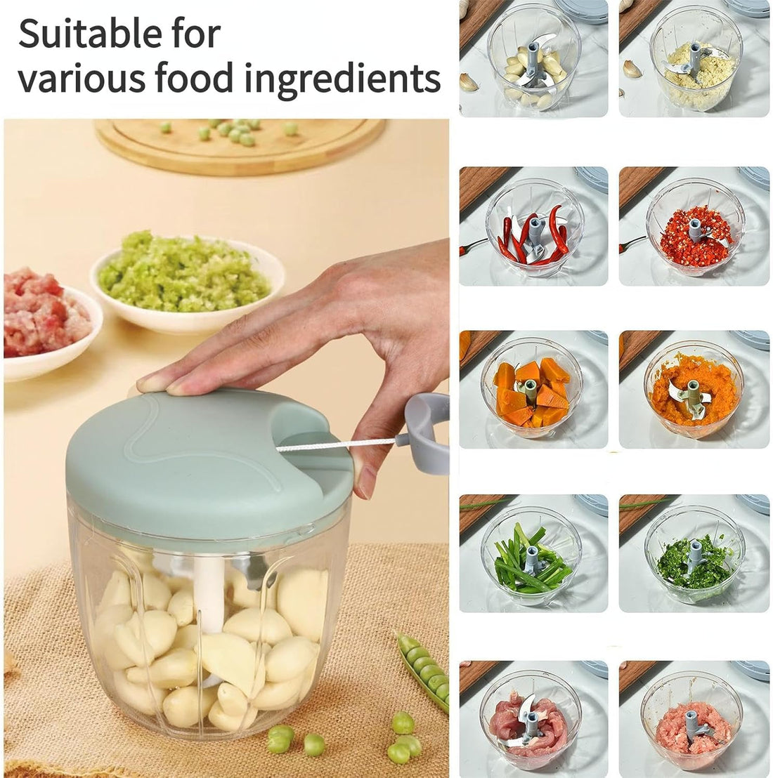 900Ml Extra Large Manual Food Chopper Vegetable Chopper Garlic Chopper, Pull String Manual Food Processor with 5 Sharp Blades Mincer for Cutting Onions Chili Ginger Seasoning