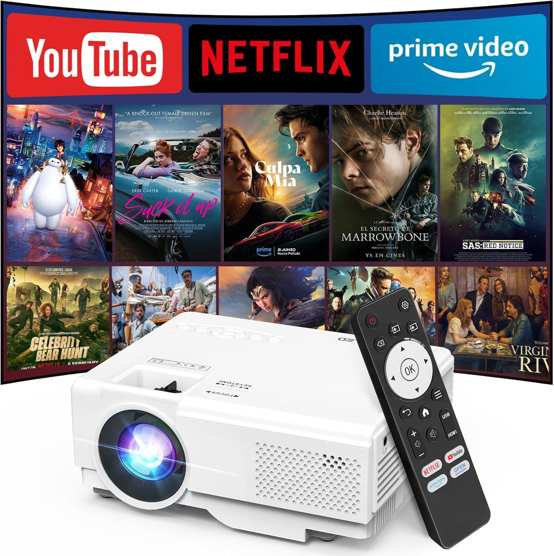 【Netflix Officially】 Smart Projector with Wifi and Bluetooth, Mini Movie Projector with Apps Built-In, 1080P Outdoor Projector for Phone/Pc/Hdmi/Usb, Two-Way Bluetooth, 50% Zoom