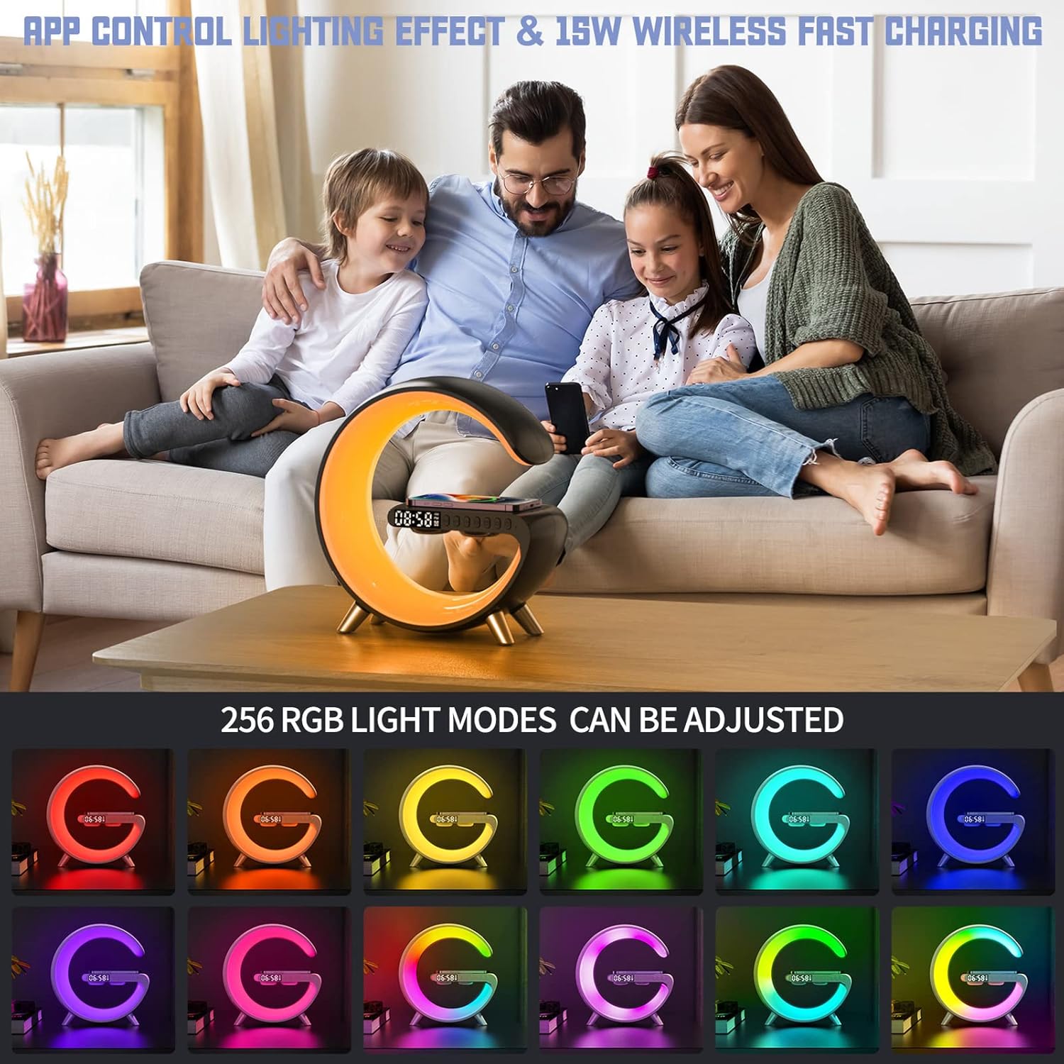 BKDRL Bluetooth Speaker Wireless Charger with Portable Small Mini Speaker,Wireless Atmosphere Lamp,Multifunctional RGB Night Light Alarm Clock & Charging Station,App Control (Black) (-803)