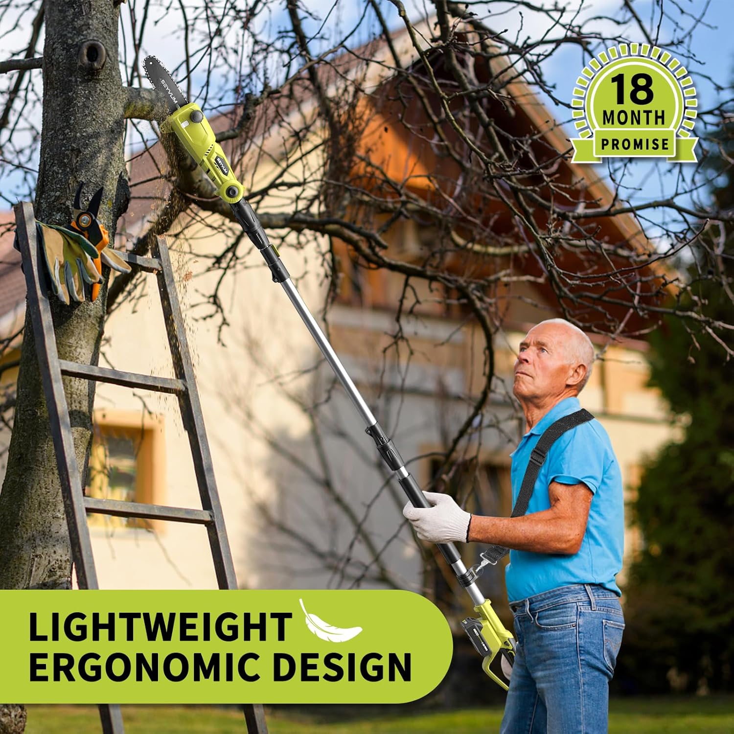Pole Saw 8-Inch Cordless Pole Saws for Tree Trimming, 15FT Max Reach, Auto Oiling, Multi-Angles, Tool-Free Tensioning Electric Pole Chainsaw, 2.0Ah Battery and Charger Included