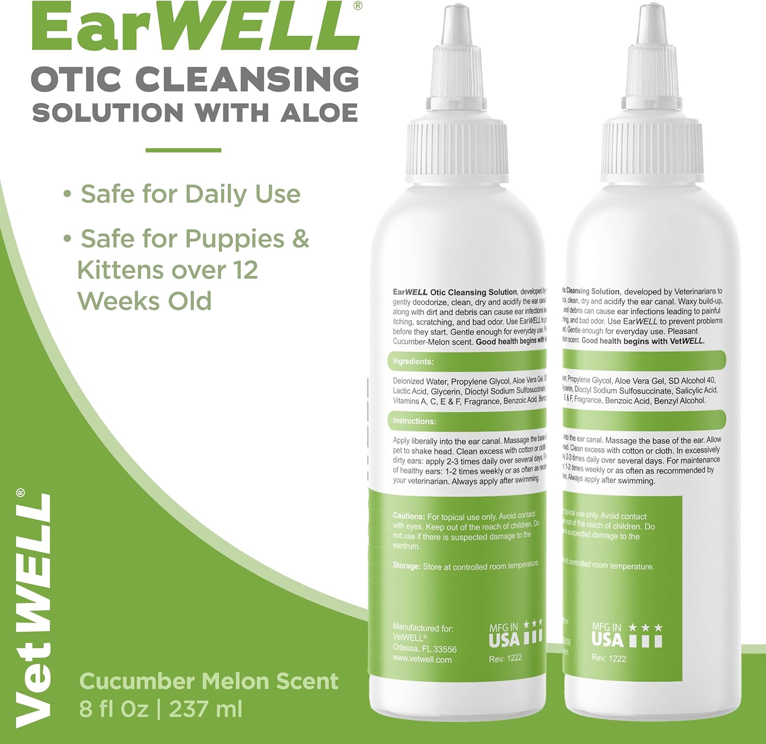 Ear Cleaner for Dogs and Cats - Otic Rinse for Infections and Controlling Ear Infections and Odor in Pets - 8 Oz (Cucumber Melon)