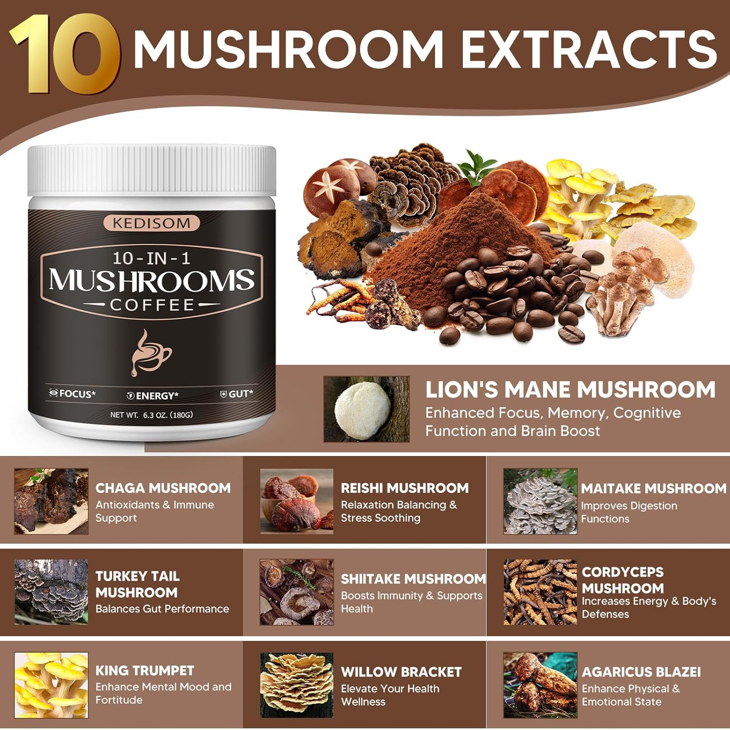 10 in 1 Mushrooms Coffee, Instant Mushroom Coffee Powder with Lion'S Mane, Cordyceps, Reishi, Shiitake, Turkey Tail, King Trumpet, for Focus, Energy, Immunity, 180G, 60 Servings