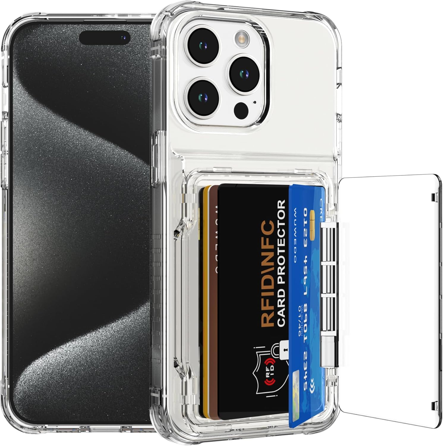 For Iphone 16 Pro Max Clear Wallet Case with RFID Blocking Card, up to 5 Cards, Hybrid Protective Case with Card Holder, TPU + PC, Anti-Yellowing, 6.9" 2024