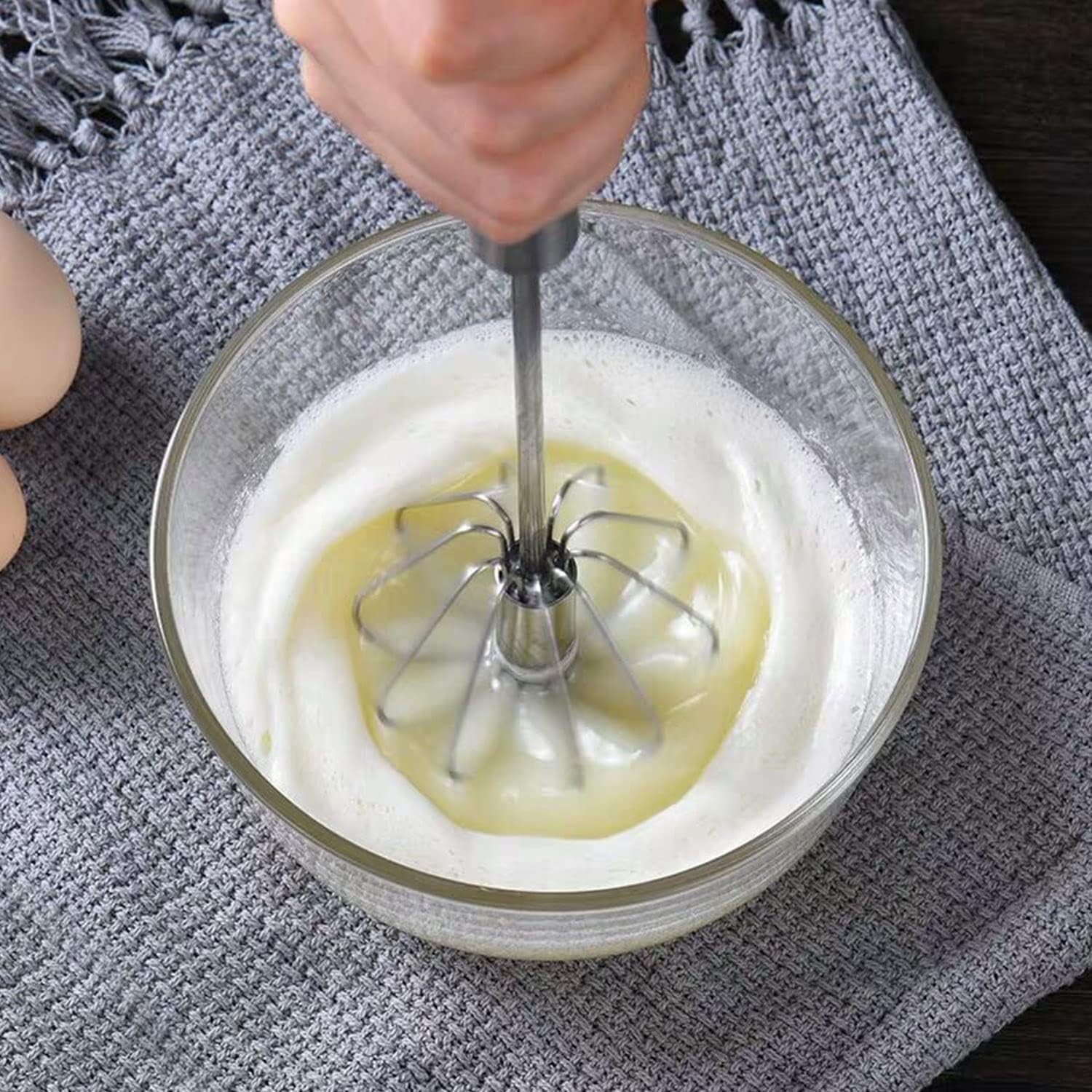 Semi-Automatic Whisk, Stainless Steel Egg Beater, Hand Push Rotary Whisks Mixer Stirrer for Making Cream, Whisking, Beating and Stirring (Silver)