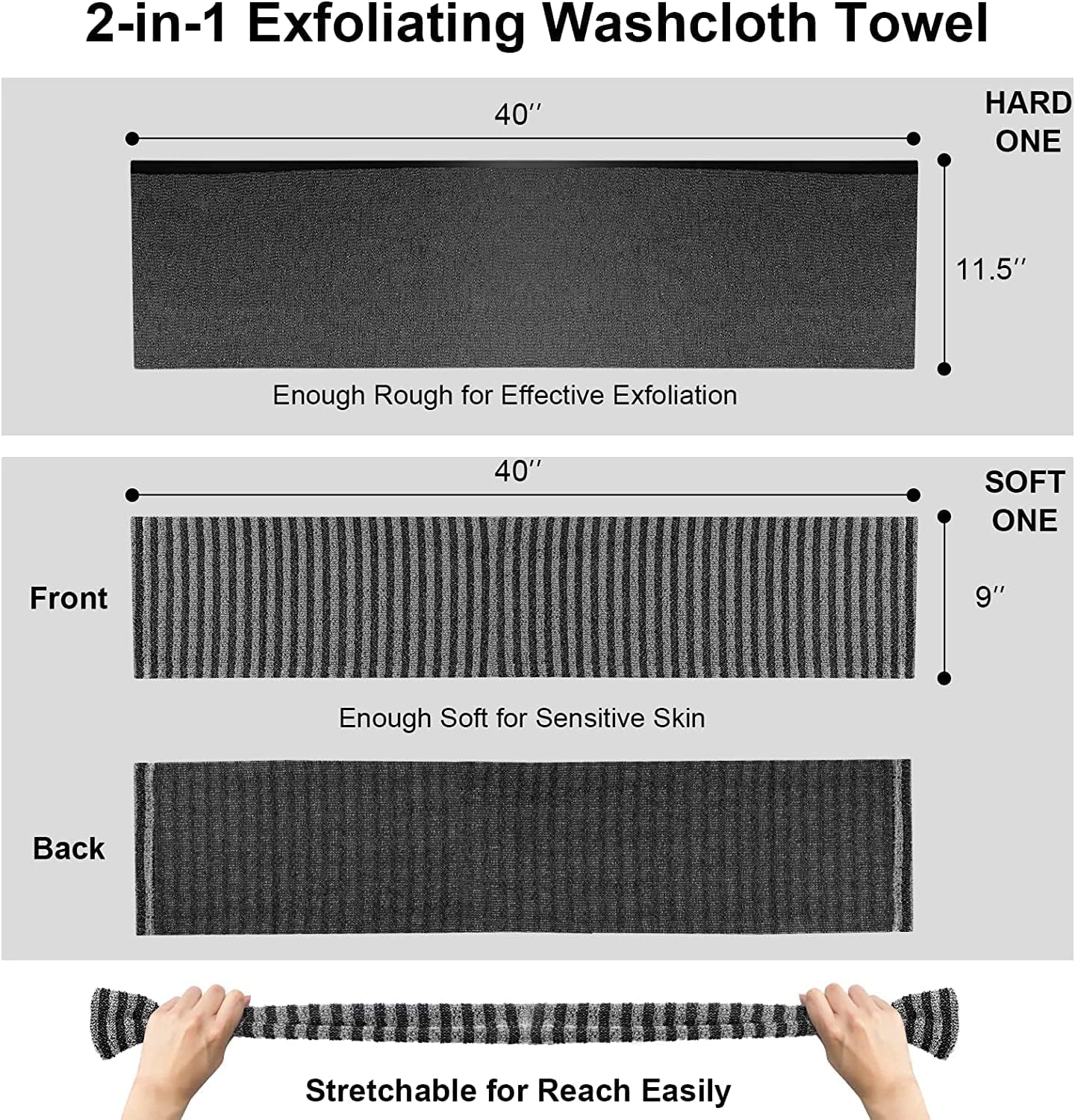 Exfoliating Body Scrubber, Back Scrubber for Shower Bath, Japanese Scrub Wash Cloth, Exfoliating Washcloth Towel for Men Women, Body Exfoliator Loofah Luffa Sponge Net Rag Back Washer (Black)