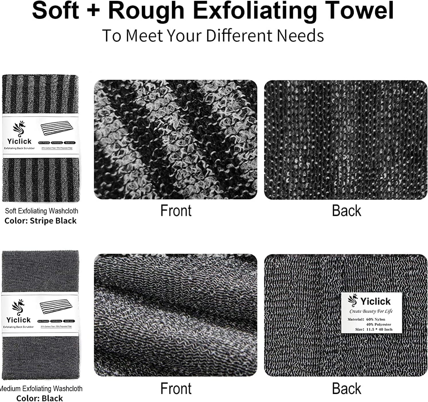 Exfoliating Body Scrubber, Back Scrubber for Shower Bath, Japanese Scrub Wash Cloth, Exfoliating Washcloth Towel for Men Women, Body Exfoliator Loofah Luffa Sponge Net Rag Back Washer (Black)