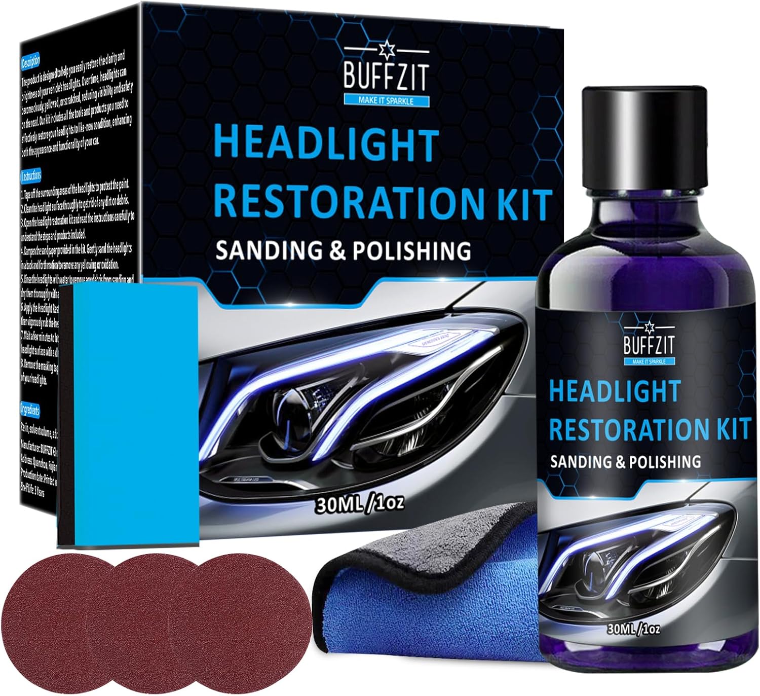 Car Headlight Restoration Kit - Professional Oxidation Sand Remover to Get Rid of Yellowing, Cloudiness, Scratches & Stains & UV Protection Clarity Coating Fluid – 1Oz/30Ml