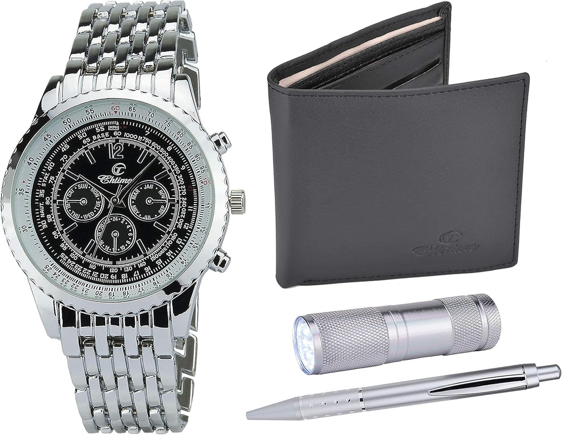 Gift Set Men'S Watch Black- LED Lamp - Wallet -Pen