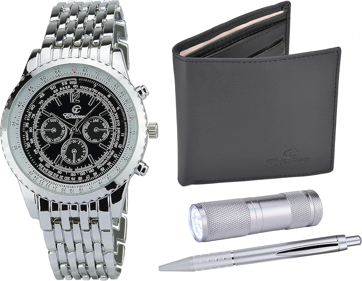 Gift Set Men'S Watch Black- LED Lamp - Wallet -Pen