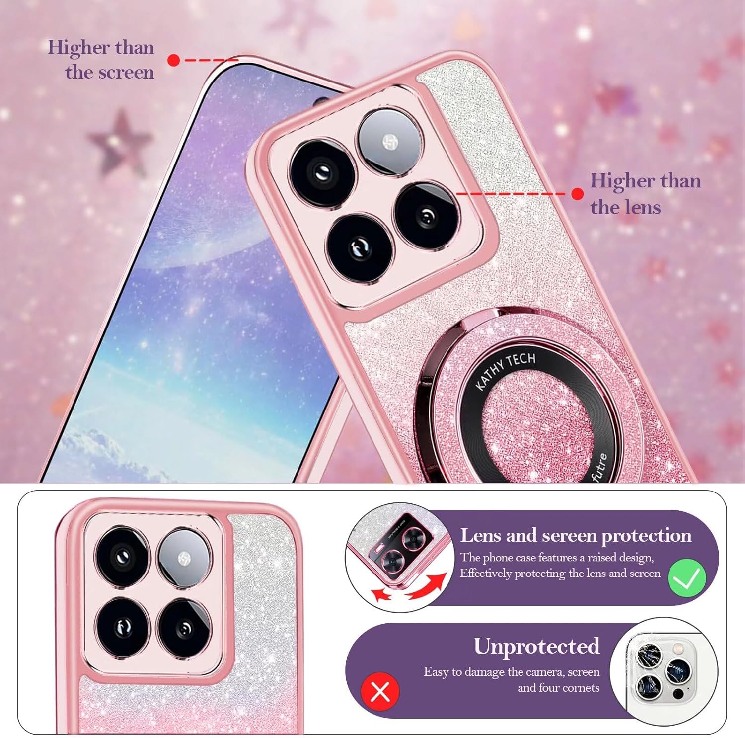 Transparent Glitter Case for Motorola Moto G24/G04S,Magnetic Ring Holder Bling Sparkle Girl Women Clear Silicone TPU Shockproof Phone Case Cover for Motorola Moto G24/G04S-Pink