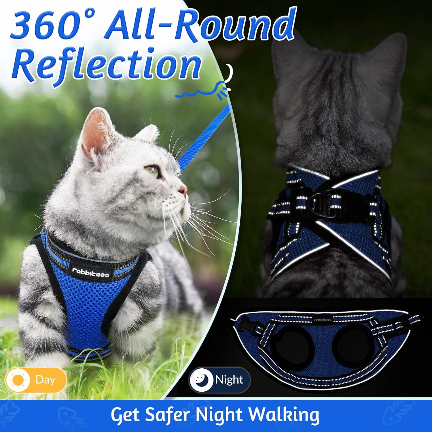 Cat Harness and Leash Set for Walking Escape Proof, Adjustable Soft Kittens Vest with Reflective Strip for Cats, Comfortable Outdoor Vest, Blue, S