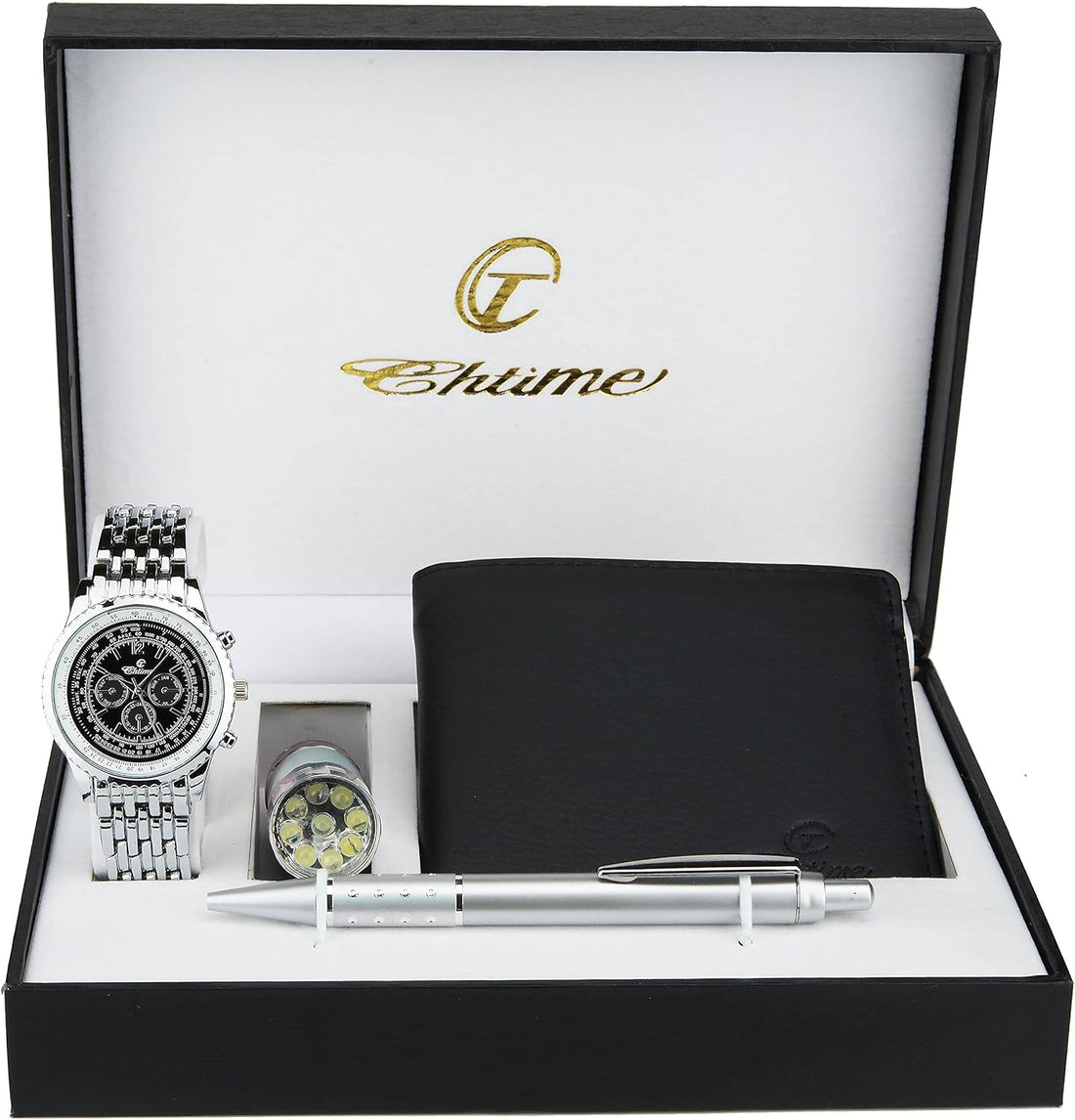 Gift Set Men'S Watch Black- LED Lamp - Wallet -Pen