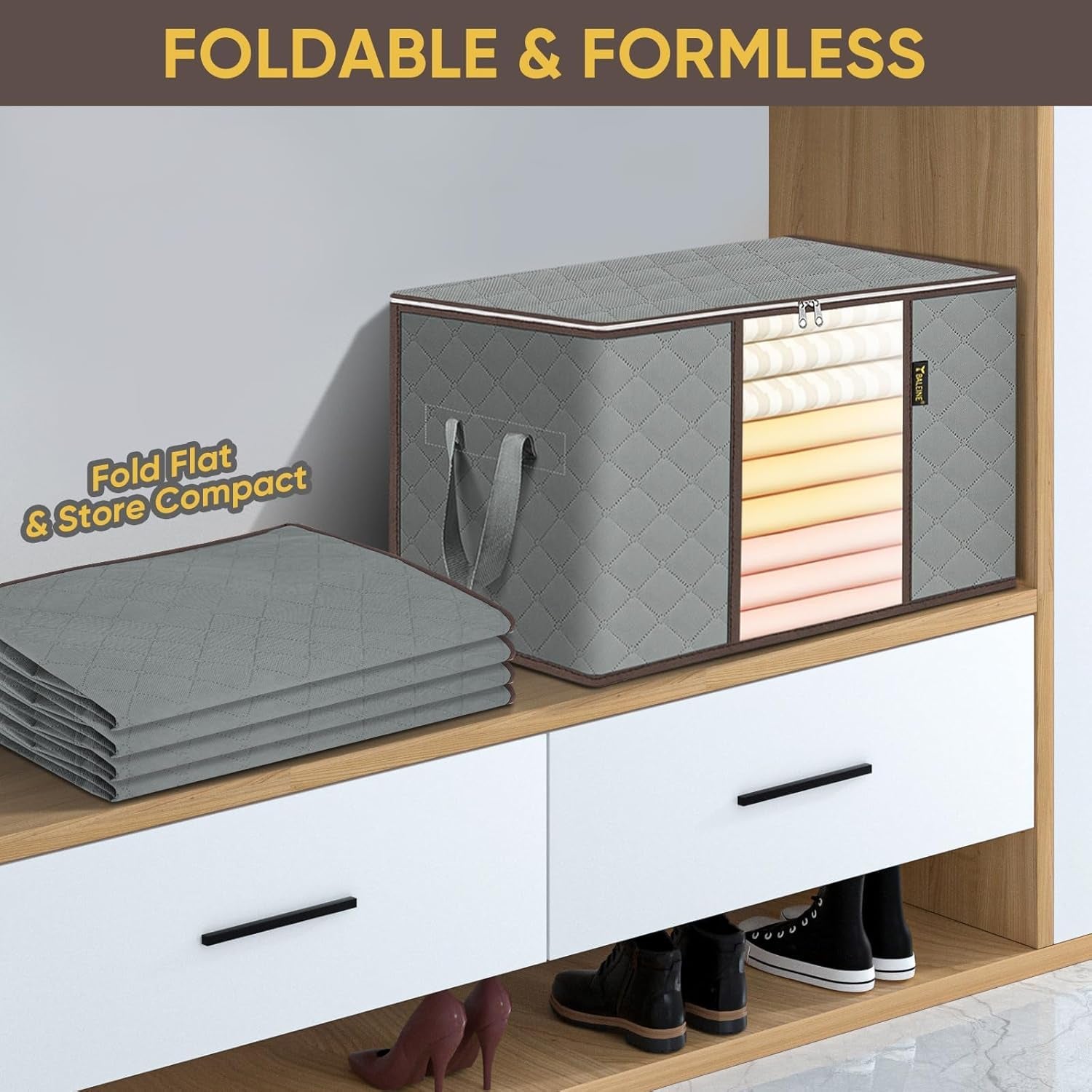 2 Pack Clothes Storage Bags, 24 Gallon Storage Containers with Reinforced Handle, Sturdy Zipper, Closet Organizer for Blanket, Comforter, Pillow, Bedding (Grey, 2 Pack)