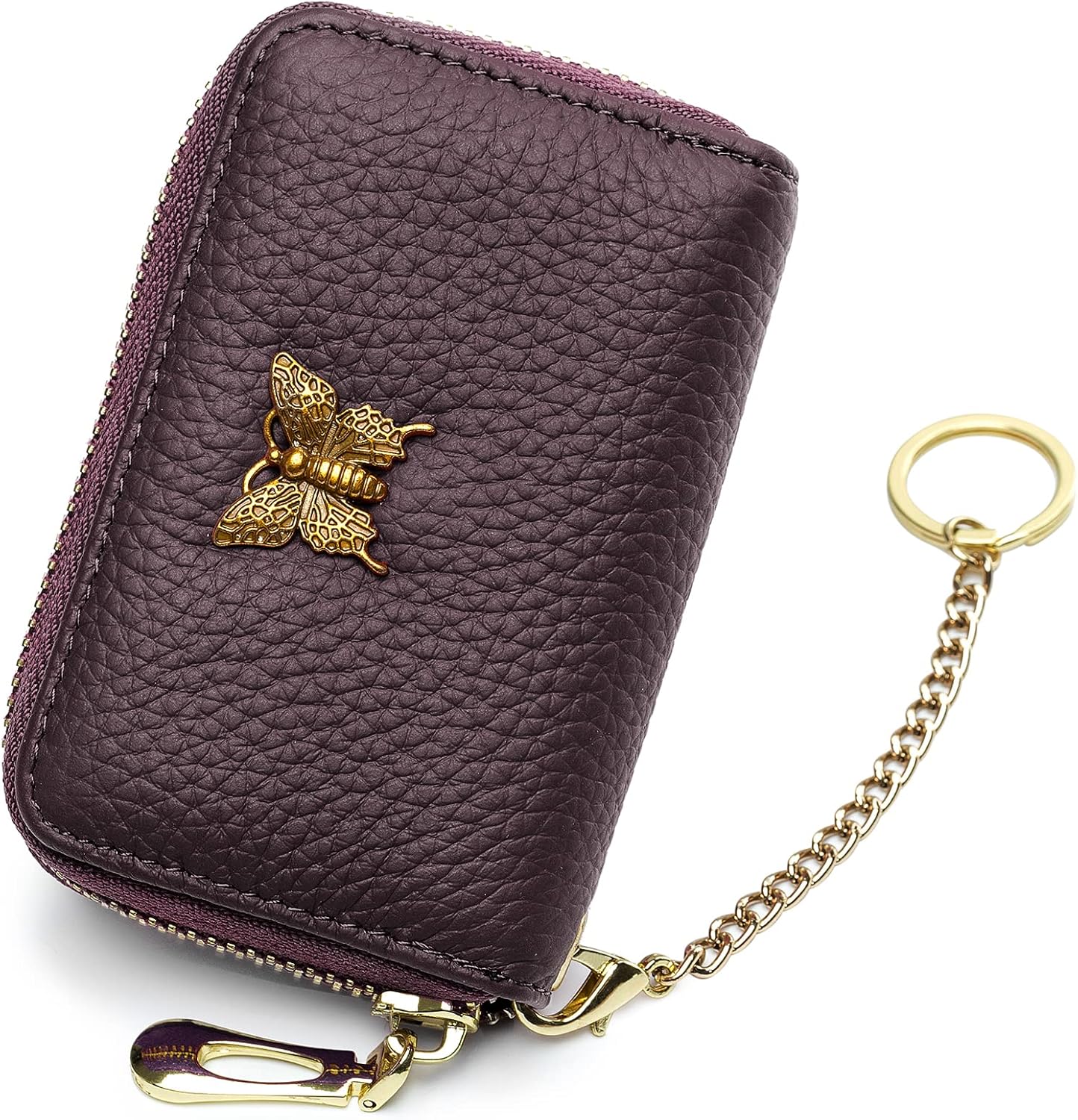 RFID Credit Card Holder for Women Genuine Leather Card Case Wallet with Zipper and Removable Keychain (Black)