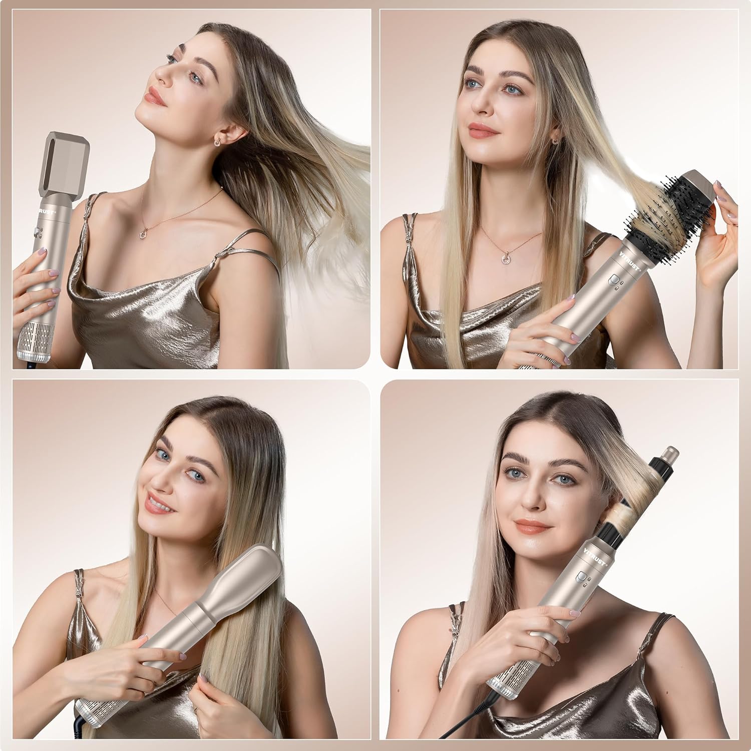 Hair Dryer Brush 6 in 1 Detachable Blow Dryer Brush Set 60000RPM Hair Styling Tool 1000W Professional Hot Air Styler Negative Ionic Hot Air Brush Auto Air Curler Straighten round Brush (Gold)