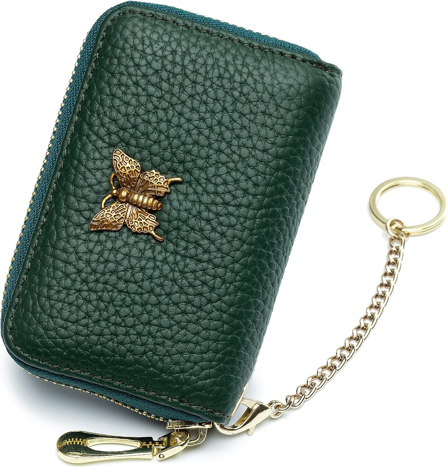 RFID Credit Card Holder for Women Genuine Leather Card Case Wallet with Zipper and Removable Keychain (Black)