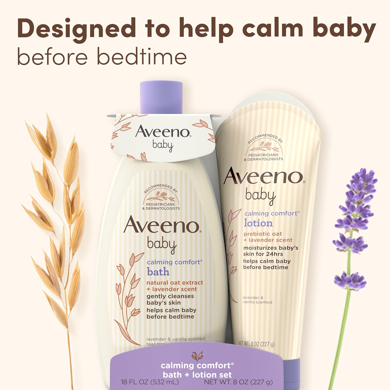Calming Comfort Bath & Body Lotion Set, Nighttime Baby Skin Care Products with Nourishing Oatmeal plus Relaxing Lavender & Vanilla Scents, Paraben- & Phthalate -Free, 2 Items