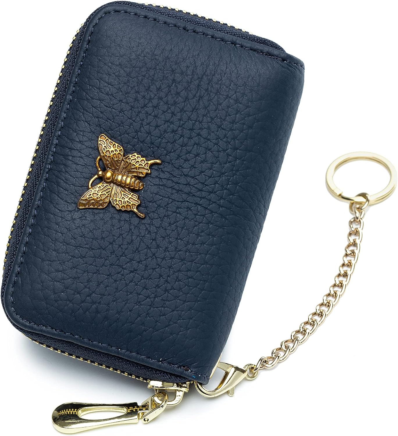 RFID Credit Card Holder for Women Genuine Leather Card Case Wallet with Zipper and Removable Keychain (Black)