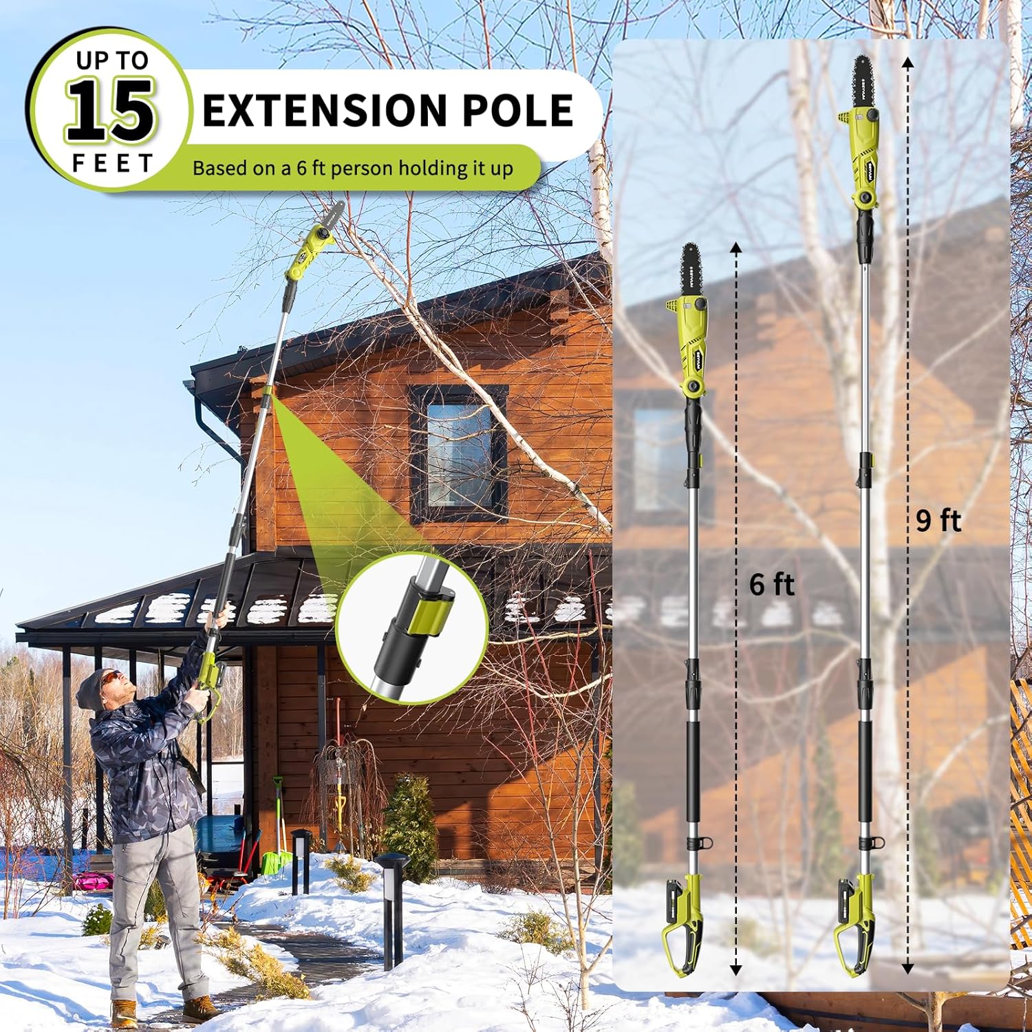 Pole Saw 8-Inch Cordless Pole Saws for Tree Trimming, 15FT Max Reach, Auto Oiling, Multi-Angles, Tool-Free Tensioning Electric Pole Chainsaw, 2.0Ah Battery and Charger Included