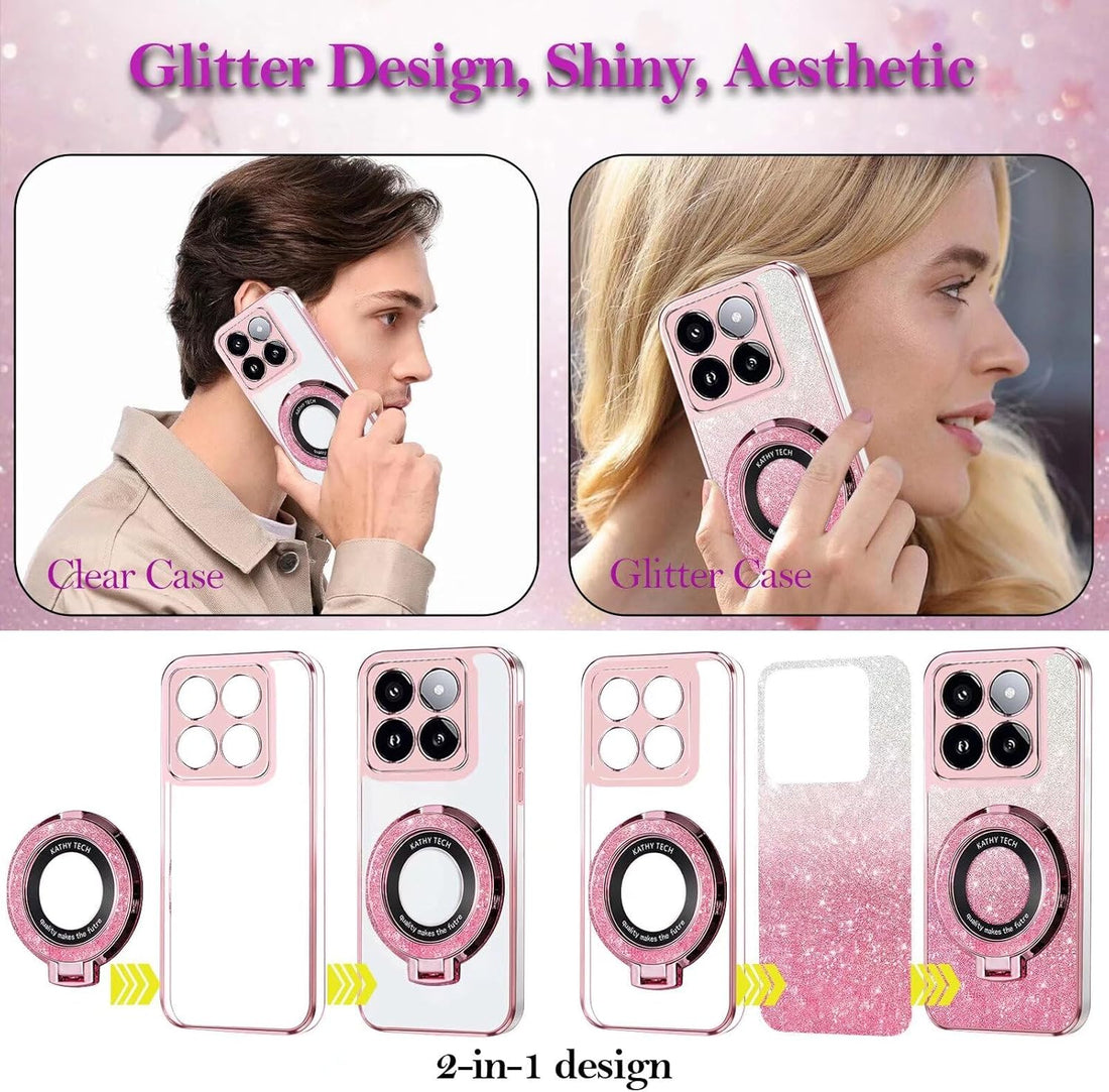 Transparent Glitter Case for Motorola Moto G24/G04S,Magnetic Ring Holder Bling Sparkle Girl Women Clear Silicone TPU Shockproof Phone Case Cover for Motorola Moto G24/G04S-Pink