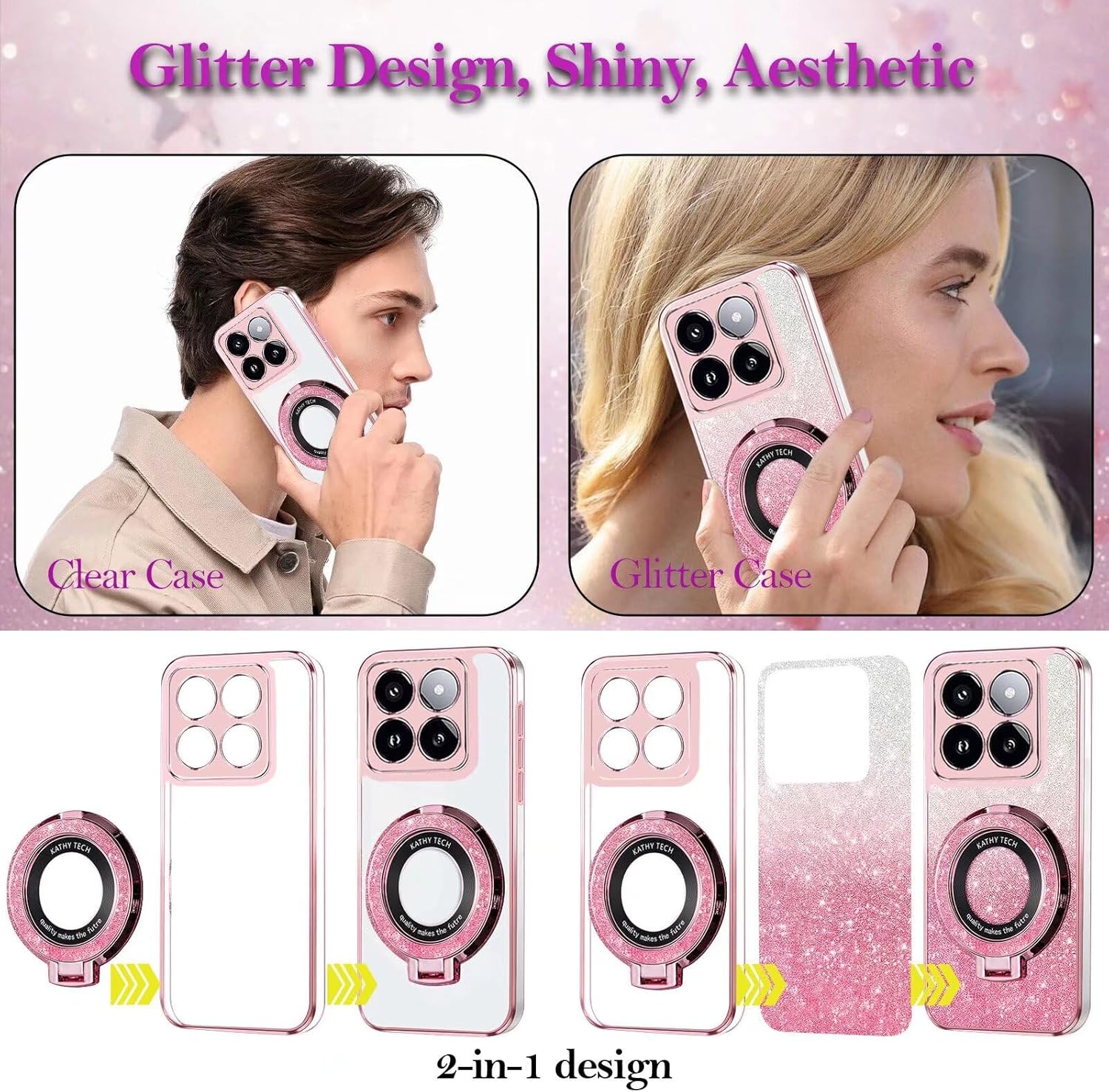 Transparent Glitter Case for Motorola Moto G24/G04S,Magnetic Ring Holder Bling Sparkle Girl Women Clear Silicone TPU Shockproof Phone Case Cover for Motorola Moto G24/G04S-Pink