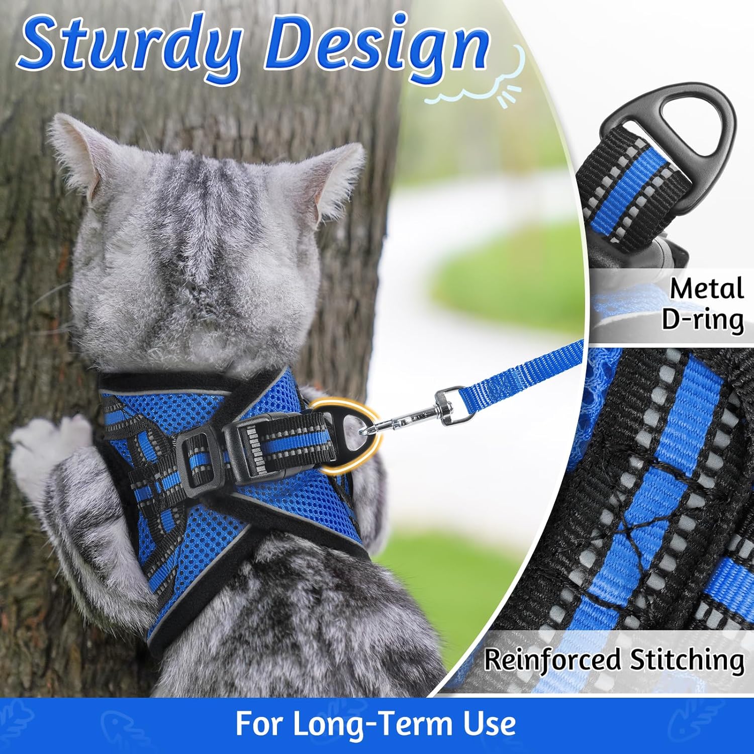 Cat Harness and Leash Set for Walking Escape Proof, Adjustable Soft Kittens Vest with Reflective Strip for Cats, Comfortable Outdoor Vest, Blue, S