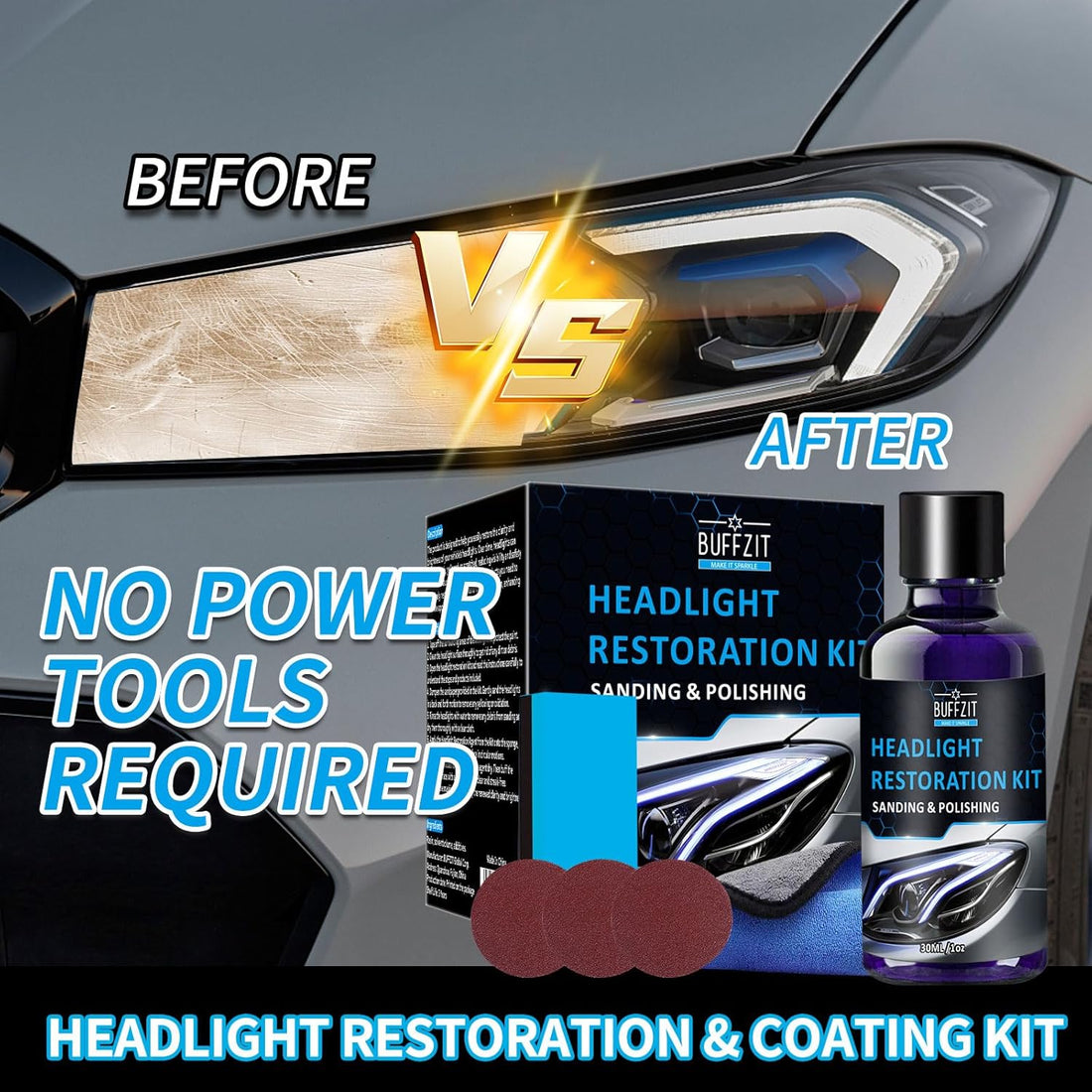 Car Headlight Restoration Kit - Professional Oxidation Sand Remover to Get Rid of Yellowing, Cloudiness, Scratches & Stains & UV Protection Clarity Coating Fluid – 1Oz/30Ml