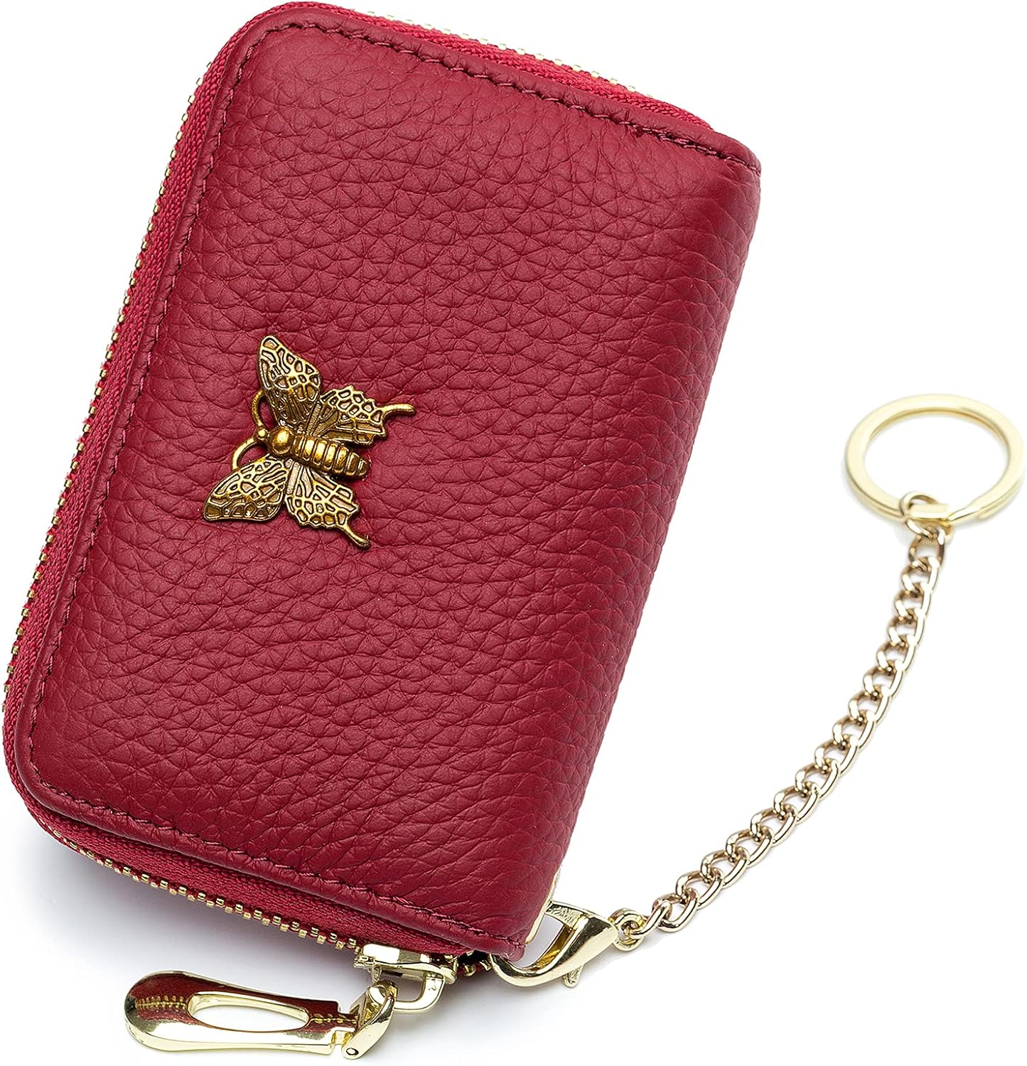 RFID Credit Card Holder for Women Genuine Leather Card Case Wallet with Zipper and Removable Keychain (Black)