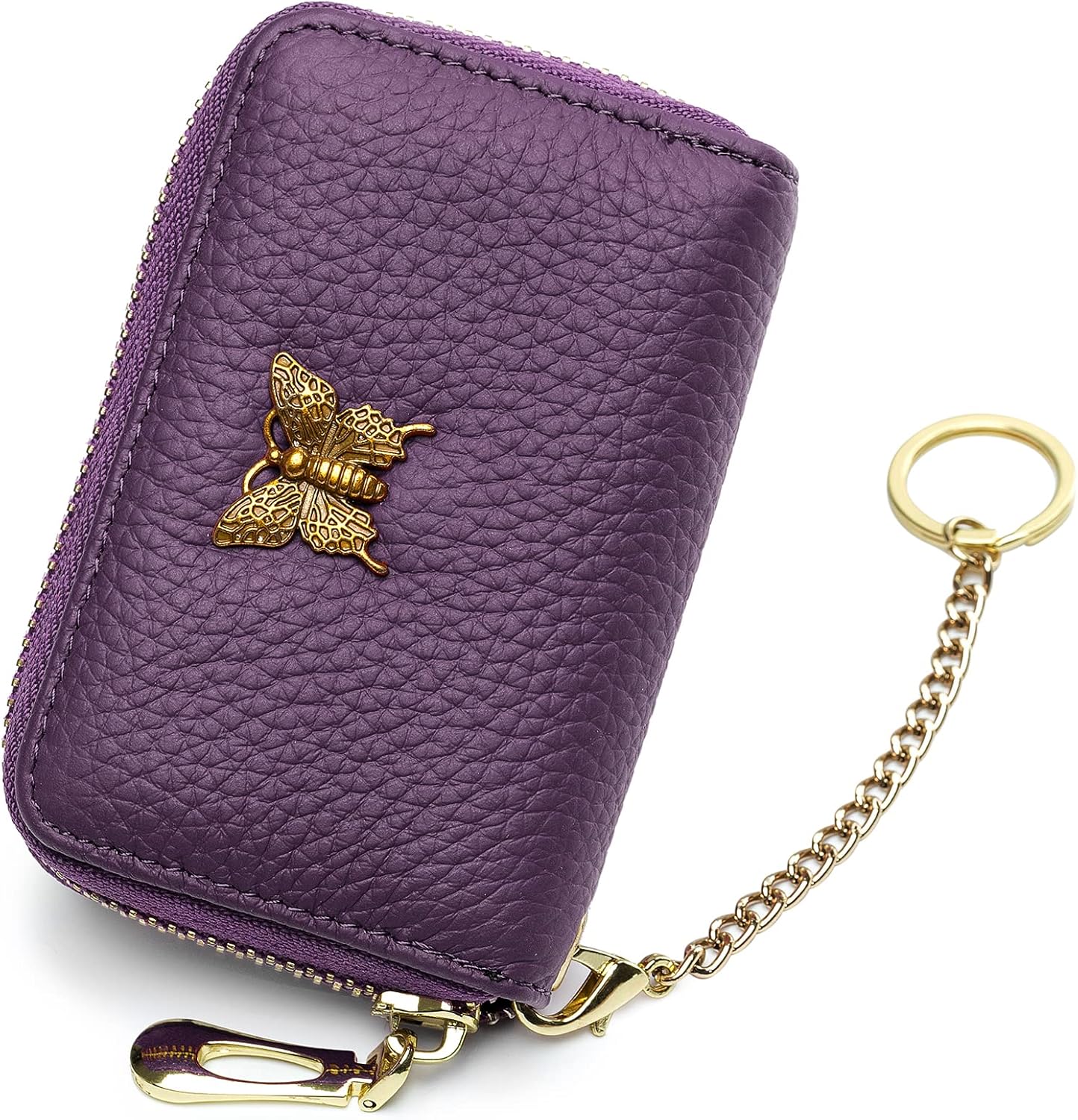 RFID Credit Card Holder for Women Genuine Leather Card Case Wallet with Zipper and Removable Keychain (Black)